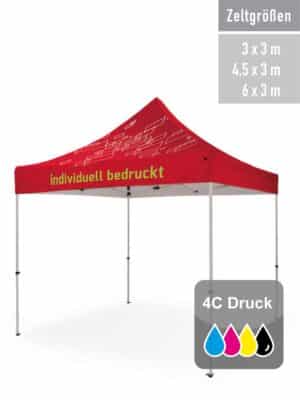 Bedrucktes Faltzelt inkl. Scherengittersystem und Transporttrolley.