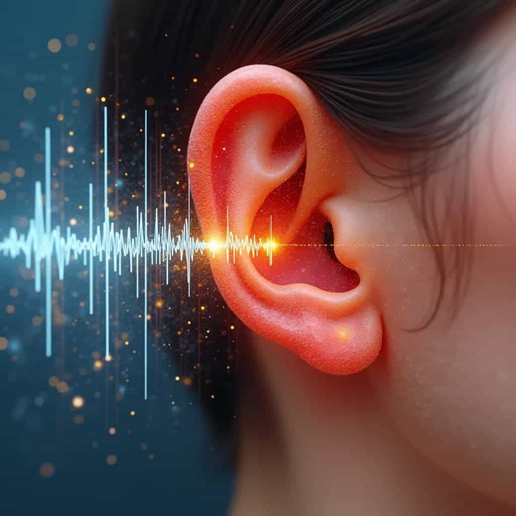 schallwelle-trifft-ohr Symbolische Schallwelle trifft auf ein Ohr | Krea.ai